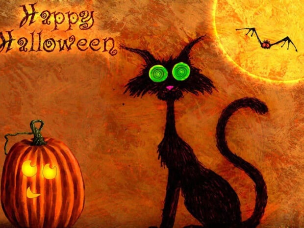 A vibrant Black Cat Halloween Wallpaper featuring a cartoon black cat with green eyes next to a glowing jack-o'-lantern under a full moon