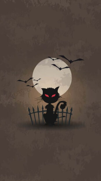 A minimalist Black Cat Halloween Wallpaper showcasing a black cat silhouette with red eyes and bats flying around a full moon