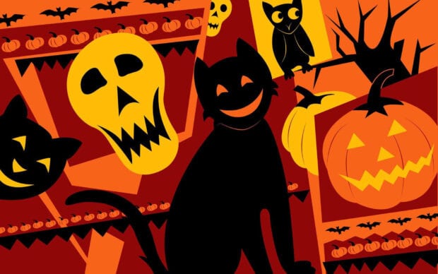 An abstract black cat halloween wallpaper with a grinning black cat, skull, pumpkin, and owl in a vibrant geometric collage