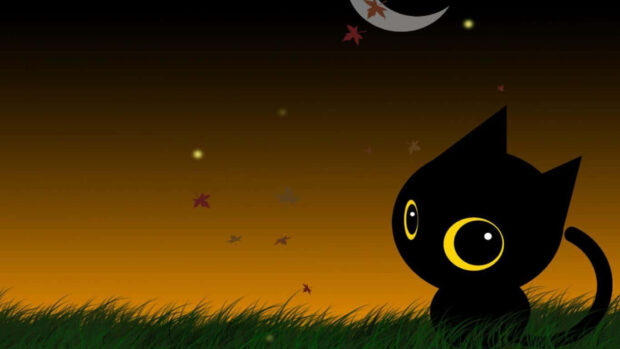 A cute black cat halloween wallpaper depicting a cartoon black cat with yellow eyes sitting in green grass under a moonlit autumn sky