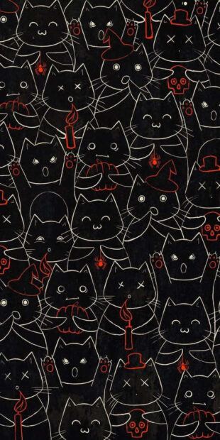 A playful black cat Halloween wallpaper showcasing a cartoon pattern of black cats in various spooky costumes with red accents