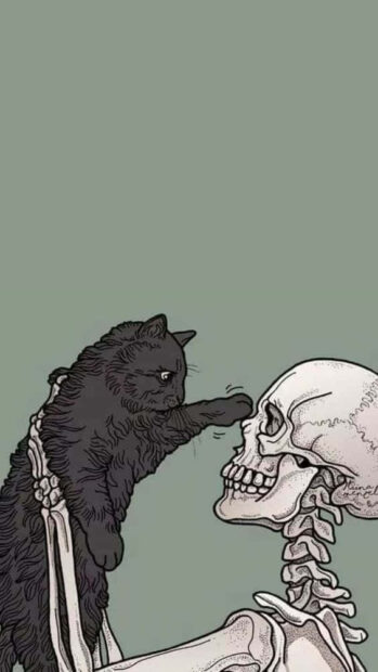 A humorous Black Cat Halloween Wallpaper depicting a cartoon black cat playfully swatting a skeleton's nose on a simple green background