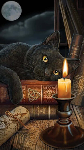 A mystical Black Cat Halloween Wallpaper showing a black cat lounging on old books next to a lit candle with a full moon visible
