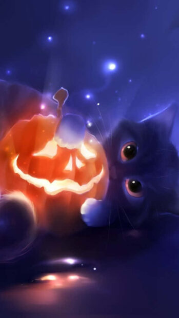 A charming Black Cat Halloween Wallpaper featuring a cute cartoon black cat beside a glowing jack-o'-lantern on a sparkling blue background