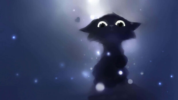 An artistic black cat with glowing white eyes and a shadowy form looks up into sparkling blue light, making an enchanting Black Cat Halloween Wallpaper