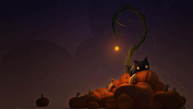 A small black cat with bright yellow eyes is perched on a pile of Halloween pumpkins under a twisted vine with a glowing lantern, perfect for a Black Cat Halloween Wallpaper