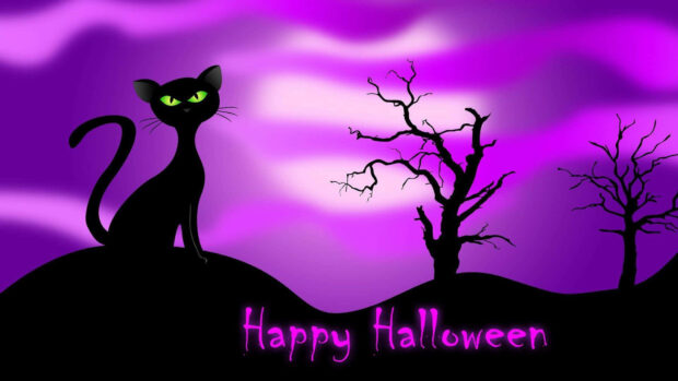 A cartoon black cat with glowing green eyes sits on a hill under a purple sky with bare trees and 