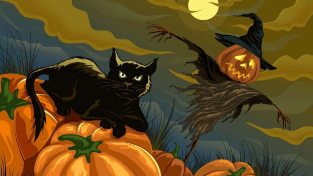Black Cat Halloween Wallpaper featuring a black cat on pumpkins with a scarecrow and full moon