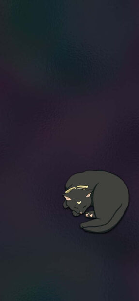 A cute black cat Halloween wallpaper featuring a sleeping black cat curled up with a yellow ribbon on a dark background