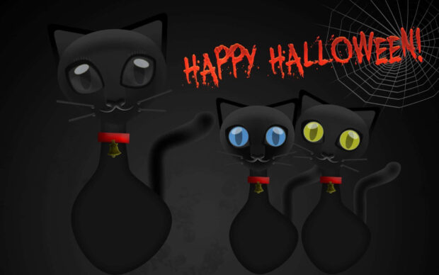 Three cute cartoon black cats with big eyes and red collars are depicted against a dark background with 