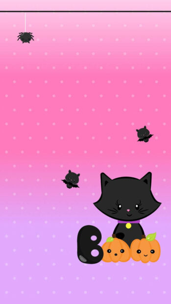 A charming Kawaii Halloween Wallpaper featuring a black cat with cute pumpkin characters and 