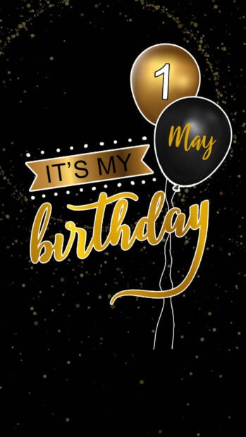 A festive Birthday Wallpaper with golden 'It's My Birthday' text and black and gold balloons on a sparkling black background