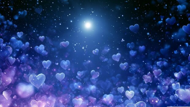 Blue galaxy heart wallpaper featuring numerous sparkling blue and purple hearts floating in a starry, cosmic background