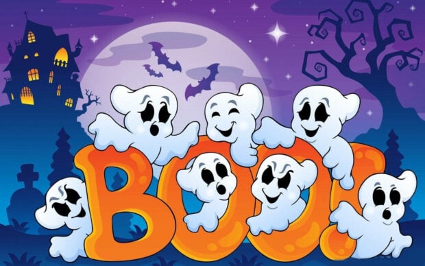 A fun Halloween Ipad Wallpaper featuring cartoon ghosts playing around large 