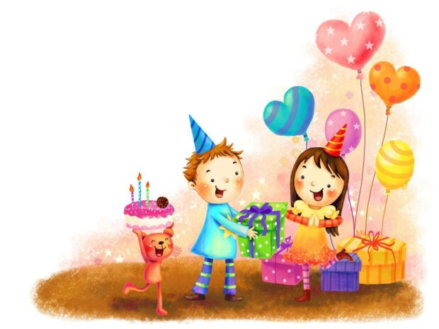 A cheerful cartoon illustration of children exchanging gifts and balloons at a party, perfect as a Birthday Wallpaper