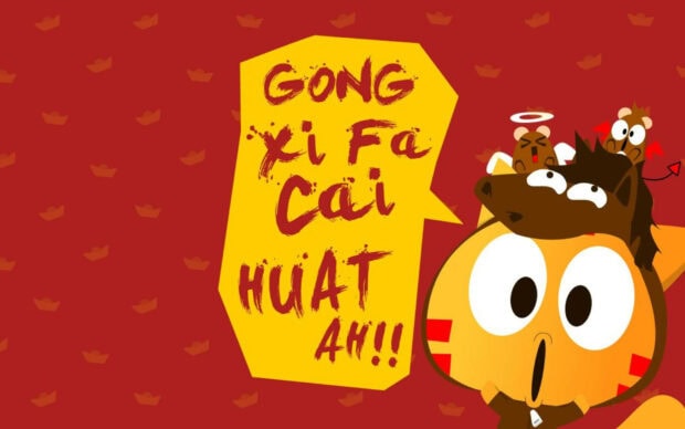 Chinese New Year Wallpaper with a cheerful cartoon character and "GONG XI FA CAI HUAT AH!!" text on a red background