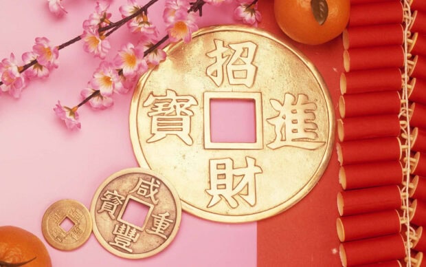 A beautiful Chinese New Year wallpaper display with golden coins, pink cherry blossoms, red firecrackers, and fresh tangerines