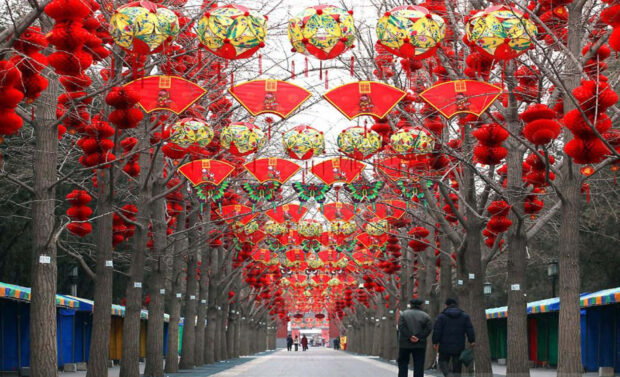 A festive Chinese New Year wallpaper featuring a street adorned with numerous red lanterns, fans, and traditional decorations hanging from trees