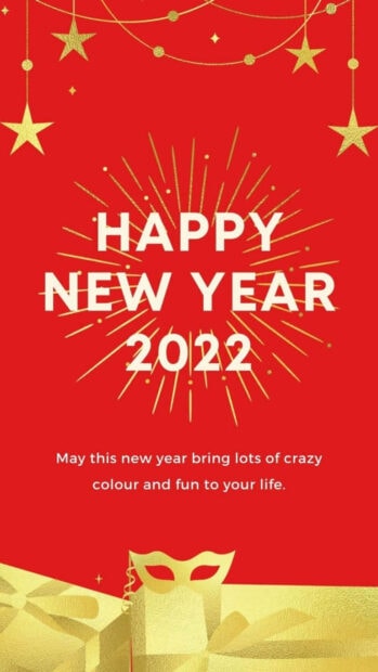 A bright red Chinese New Year wallpaper featuring "Happy New Year 2022" text, golden stars, and a decorative mask