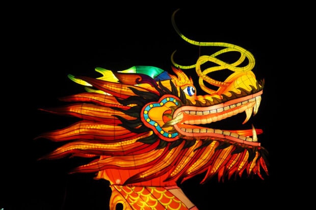 An illuminated Chinese New Year wallpaper showcasing a colorful dragon head against a dark background, perfect for celebrations