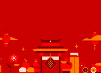 A clean Chinese New Year wallpaper with a minimalist flat design illustration of traditional elements on a vibrant red background
