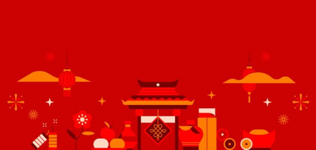 A clean Chinese New Year wallpaper with a minimalist flat design illustration of traditional elements on a vibrant red background