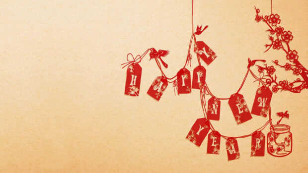 A charming Chinese New Year wallpaper showcasing paper-cut "Happy New Year" tags, plum blossoms, and birds on a beige background