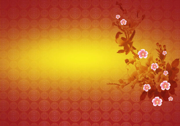 A beautiful Chinese New Year wallpaper with plum blossoms, a bird, and a traditional pattern on a red to yellow gradient background