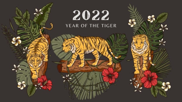 A vibrant Chinese New Year wallpaper featuring three stylized golden tigers surrounded by tropical leaves and red flowers