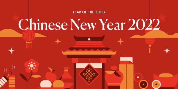 A vibrant Chinese New Year wallpaper featuring a flat design illustration for the Year of the Tiger 2022 with traditional elements