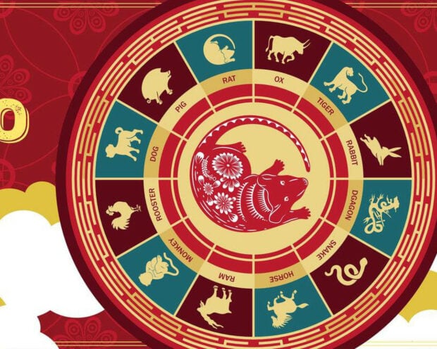 A traditional Chinese New Year wallpaper showcasing a red zodiac animal wheel with a stylized rat at the center