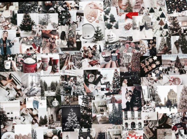 A beautiful Christmas Collage Wallpaper featuring a cozy aesthetic with various winter scenes, decorated trees, and festive holiday moments