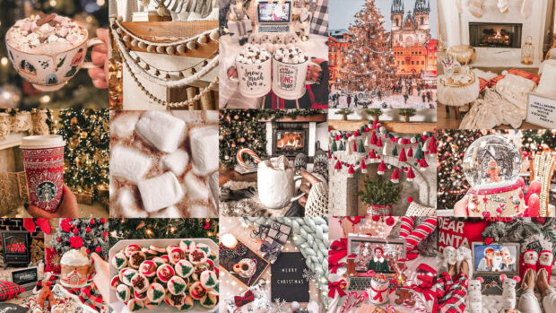 A festive Christmas collage wallpaper featuring various cozy winter drinks, gingerbread cookies, and holiday decorations in warm tones