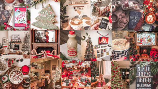 A cozy Christmas collage wallpaper featuring indoor holiday decorations, festive drinks, and Christmas-themed books