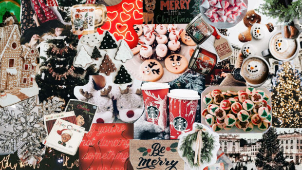 A rich Christmas collage wallpaper filled with cozy festive treats, gingerbread, Starbucks cups, and various holiday decorations