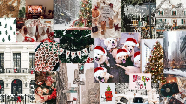 An adorable Christmas Collage Wallpaper featuring cute puppies in Santa hats, festive decorations, gingerbread, and snowy city scenes