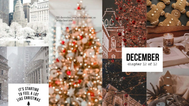 A beautiful Christmas collage wallpaper featuring winter cityscapes, bokeh Christmas lights, gingerbread, and December-themed quotes