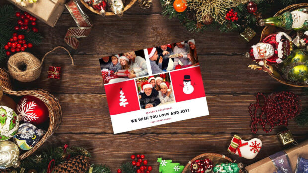 A delightful Christmas collage wallpaper displaying a family photo card surrounded by festive ornaments and gifts on a wooden table
