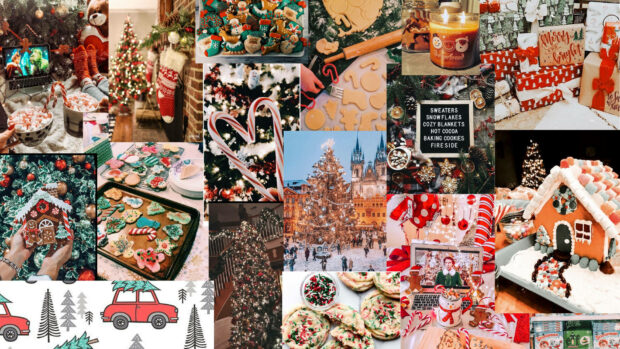 A vibrant Christmas Collage Wallpaper featuring festive cookies, candy canes, gingerbread houses, and decorated trees, perfect for a cozy holiday desktop background