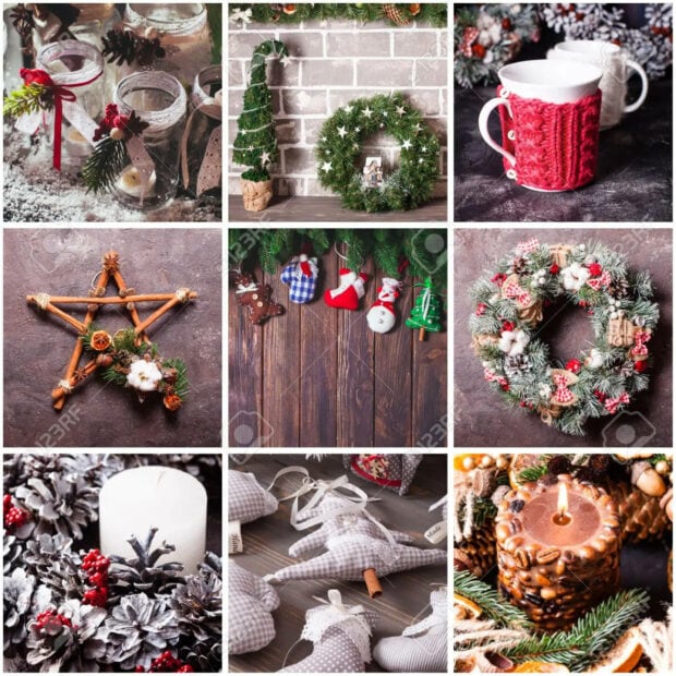 A vibrant Christmas collage wallpaper featuring various festive decorations like wreaths, candles, pinecones, and knitted mugs