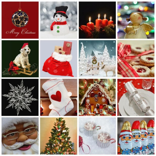 A festive Christmas collage wallpaper featuring a grid of holiday items like ornaments, a snowman, a gingerbread house, and a puppy on a sled