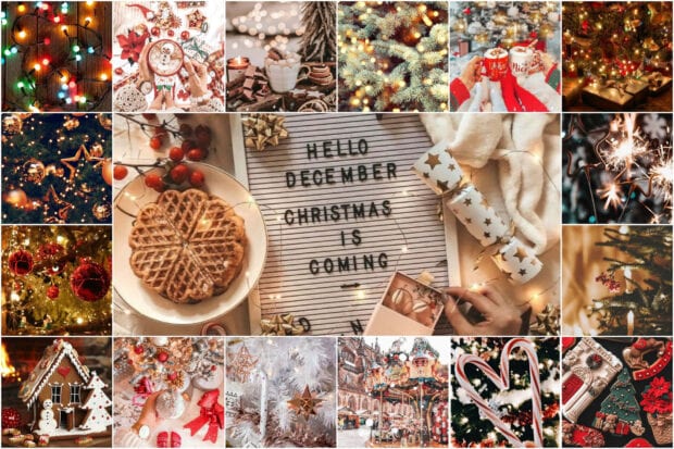 A vibrant Christmas collage wallpaper showcasing festive string lights, gingerbread houses, waffles, and holiday ornaments