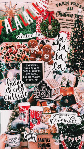 A dense and festive Christmas Collage Wallpaper featuring gingerbread cookies, Starbucks cups, Christmas trees, and various holiday text quotes