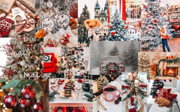 A beautiful Christmas Collage Wallpaper with holiday decorations, red accents, snowy trees, and festive treats, ideal for a cheerful desktop background