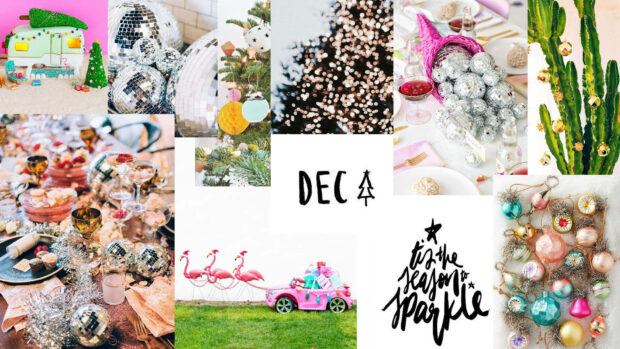 A modern and glamorous Christmas collage wallpaper featuring disco balls, pink flamingos, and unique holiday decorations