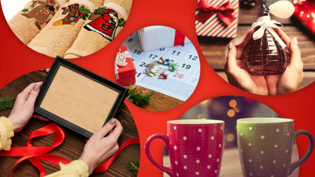 A festive Christmas Collage Wallpaper featuring embroidered towels, gifts, a calendar, perfume, and coffee mugs on a vibrant red background