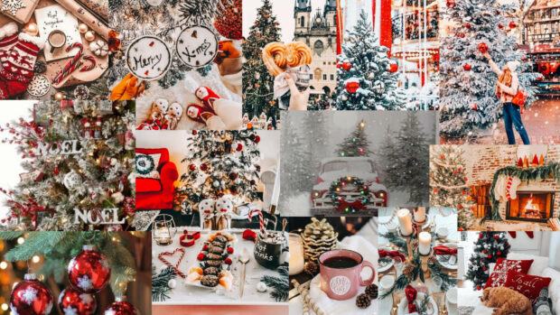 A festive Christmas Collage Wallpaper featuring decorated red trees, holiday cookies, wrapped gifts, and cozy fireplace scenes, perfect for a vibrant desktop display