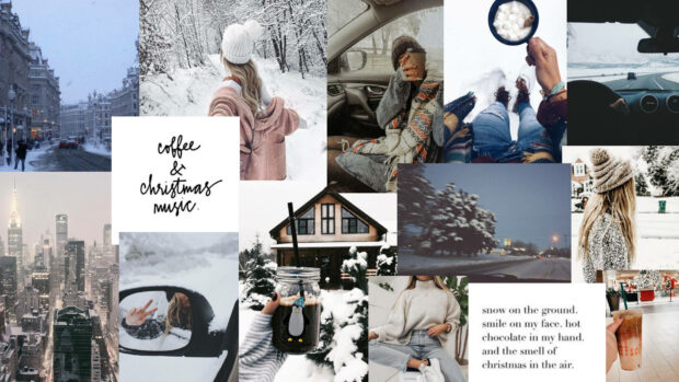 A modern Christmas Collage Wallpaper showcasing a light and airy winter aesthetic with snow-covered landscapes, cozy coffee, and holiday text