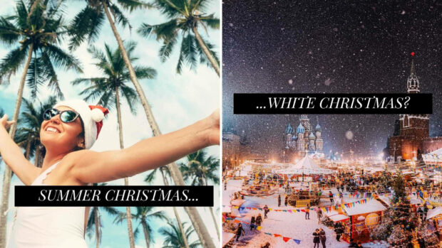 A Christmas collage wallpaper contrasting a summer Christmas with palm trees and a woman in a Santa hat, and a snowy white Christmas city scene