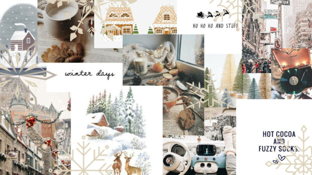 A light and airy Christmas Collage Wallpaper with winter days theme, featuring snowflakes, gingerbread houses, and cozy indoor scenes, perfect for a serene desktop background